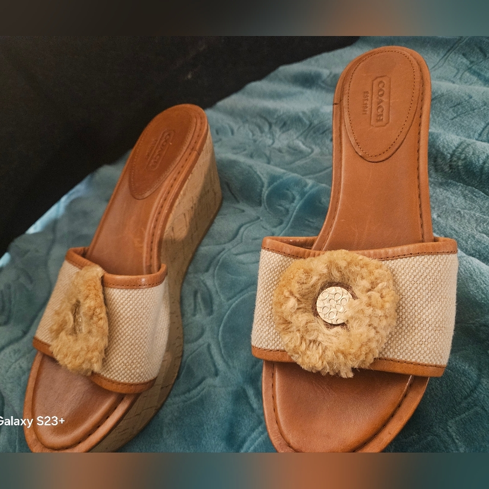 Coach Tan and Natural Canvas Wedge Sandals with Floral Accent